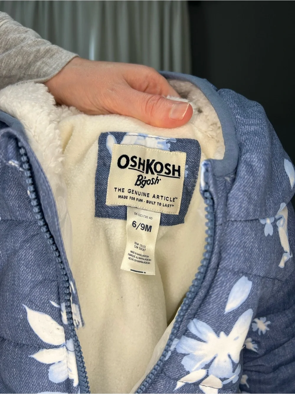 ❄️OSHKOSH Baby Blue Floral Puffer One-Piece Snowsuit - Infant 6/9 Months